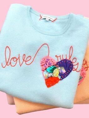 Limited Edition Light Blue 'Love Rules' Embellished Heart 100% Cashmere Sweater